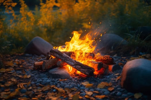 Close up shot of burning firewood in the fireplace near stones. Generated AI.