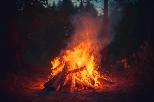 Close up shot of burning firewood in the fireplace in forest. Generated AI.