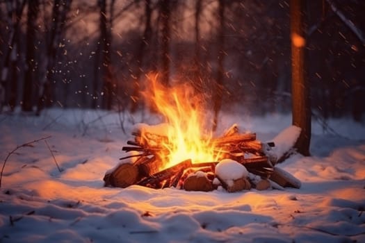 Close up shot of burning firewood in the fireplace in forest. Winter time. White snow. Generated AI.