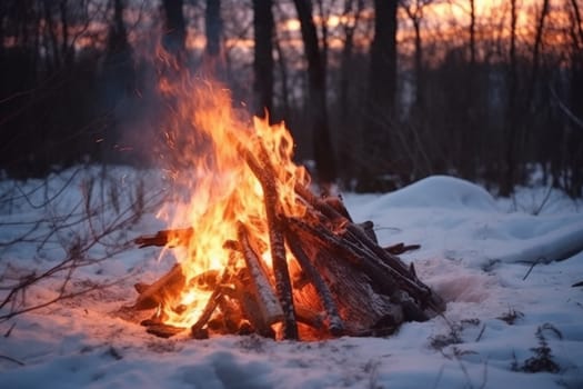 Close up shot of burning firewood in the fireplace in forest. Winter time. White snow. Generated AI.