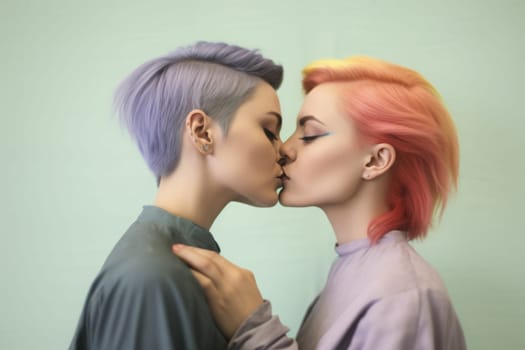 Close-up of affectionate lesbian couple about to kiss. Short hairs. Violet and orange pink hairs. Isolated on light green background. Generated AI.