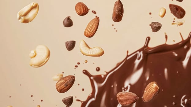 Nuts and chocolate splash, food dessert and confectionery industry