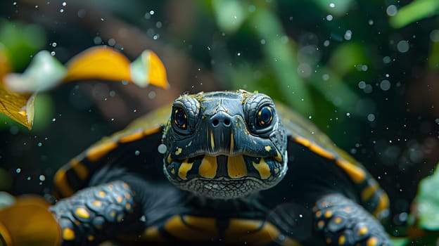 A reptile organism, the turtle, is swimming in the water and gazing at the camera. This aquatic terrestrial animal belongs to the class of pond turtles