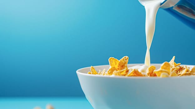 Pouring fresh milk into bowl of cereal on blue background on a sunny morning for breakfast
