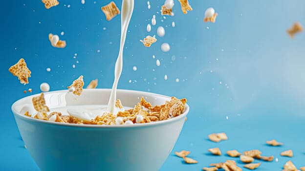 Pouring fresh milk into bowl of cereal on blue background on a sunny morning for breakfast