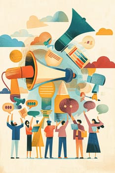Retro art illustration of voting, social media, communication and advertising concept, people crowd vote and brand message idea