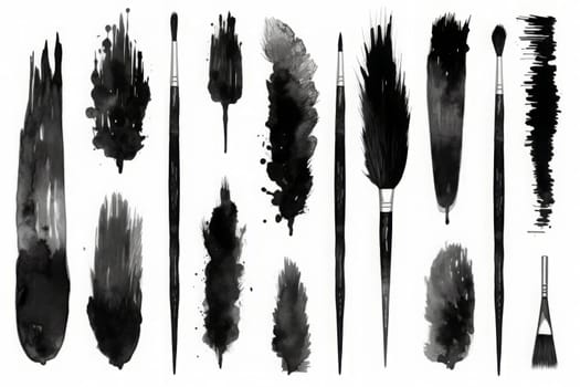Brush strokes. Paintbrush set. Grunge design elements. Rectangle text boxes. Dirty distress texture banners. Grungy painted objects. Generated AI.