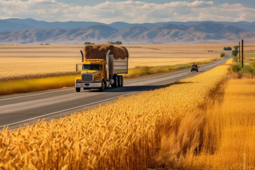 Unidentified driver carrying straw full on the truck from the field. Road. Generated AI.