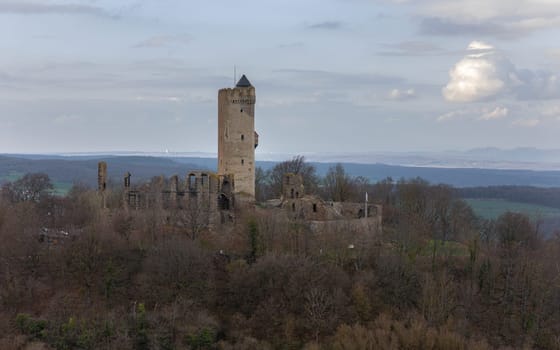 Brohl, Germany - March 19, 2024: Panoramic image of old Olbrueck castle in evening light on March 19, 2024 in Eifel, Rhineland-Palatinate, Germany