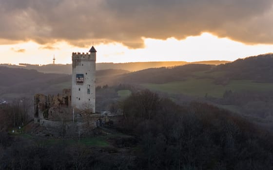 Brohl, Germany - March 19, 2024: Panoramic image of old Olbrueck castle in evening light on March 19, 2024 in Eifel, Rhineland-Palatinate, Germany