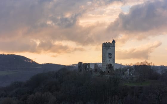 Brohl, Germany - March 19, 2024: Panoramic image of old Olbrueck castle in evening light on March 19, 2024 in Eifel, Rhineland-Palatinate, Germany