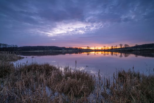 Panoramic image of Rodder lake during sunrise, Eifel, Rhineland-Palatinate, Germany