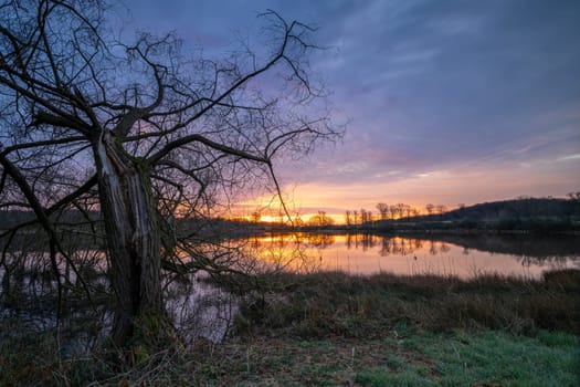 Panoramic image of Rodder lake during sunrise, Eifel, Rhineland-Palatinate, Germany