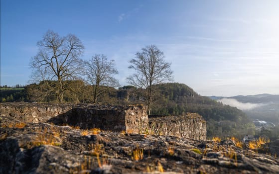 Gerolstein, Germany - April 6, 2024: Panoramic image of old Gerolstein castle in morning light on April 6, 2024 in Eifel, Rhineland-Palatinate, Germany