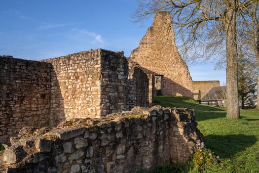 Gerolstein, Germany - April 6, 2024: Panoramic image of old Gerolstein castle in morning light on April 6, 2024 in Eifel, Rhineland-Palatinate, Germany