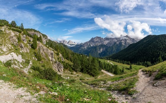 Panoramic image of landscape in South Tirol with famous Prags valley, Italy, Europe