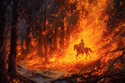 A horseman jumps a bonfire to purify his horse during the Saint Anthony festival, Spain. Horseman on fire in forest. Generated AI.