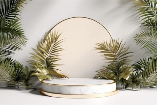 Marble podium with green leaves on the white background. Podium for product, cosmetic presentation. Creative mock up. White pedestal with gold line or platform for beauty products. Generated AI.