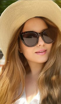 Beauty, summer holiday and fashion, face portrait of happy woman wearing hat and sunglasses, for skincare cosmetics, sunscreen spf lifestyle look idea