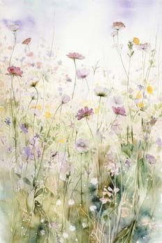 Fine art watercolour painting of the English countryside landscape with flowers, romantic nature evoking a sense of tranquility and natural beauty, printable art design idea
