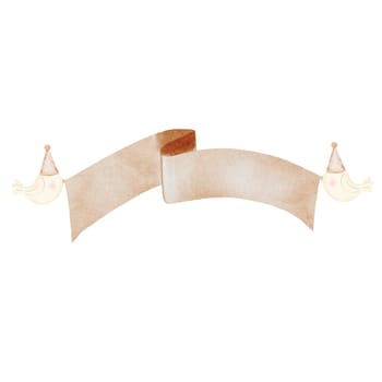 Watercolor paper ribbon. Hand-drawn sign held by birds in festive caps. Drawing of a blank banner for text. Label template in pastel beige and brown colors. Ideal for lettering, cards, cake toppers. High quality illustration. High quality illustration
