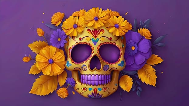 Sugar Skull with calendula flowers on a colored background. Day of the Dead holiday in Mexico. Skeleton bones of the human head. Respect for the memory of the ancestors of the dead.