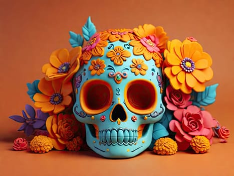 Sugar Skull with calendula flowers on a colored background. Day of the Dead holiday in Mexico. Skeleton bones of the human head. Respect for the memory of the ancestors of the dead. plasticine 3D