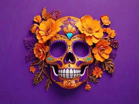 Sugar Skull with calendula flowers on a colored background. Day of the Dead holiday in Mexico. Skeleton bones of the human head. Respect for the memory of the ancestors of the dead.