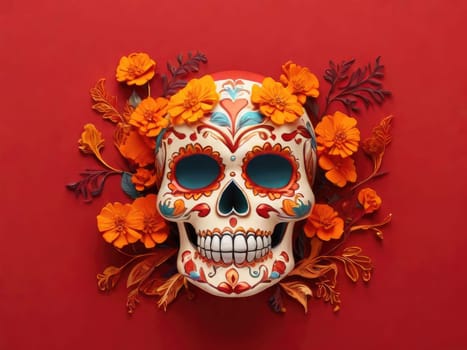 Sugar Skull with calendula flowers on a colored background. Day of the Dead holiday in Mexico. Skeleton bones of the human head. Respect for the memory of the ancestors of the dead.