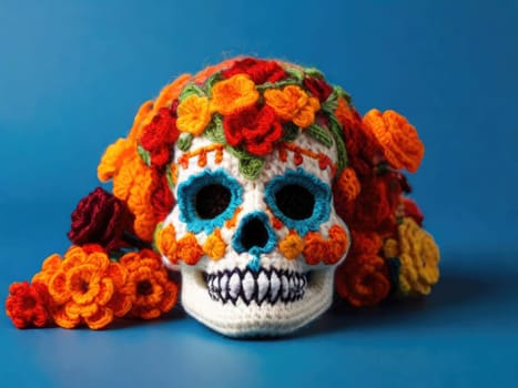 Sugar Skull with calendula flowers on a colored background. Day of the Dead holiday in Mexico. Respect for the memory of the ancestors of the dead. knitted threads handmade hobby