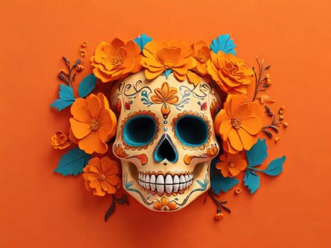 Sugar Skull with calendula flowers on a colored background. Day of the Dead holiday in Mexico. Skeleton bones of the human head. Respect for the memory of the ancestors of the dead.