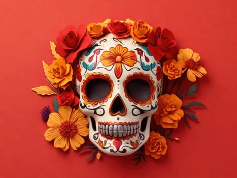 Sugar Skull with calendula flowers on a colored background. Day of the Dead holiday in Mexico. Skeleton bones of the human head. Respect for the memory of the ancestors of the dead.