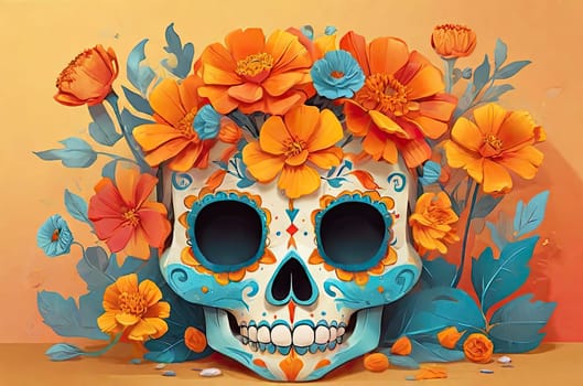 Sugar Skull with calendula flowers on a colored background. Day of the Dead holiday in Mexico. Respect for the memory of the ancestors of the dead. illustration painted with watercolors