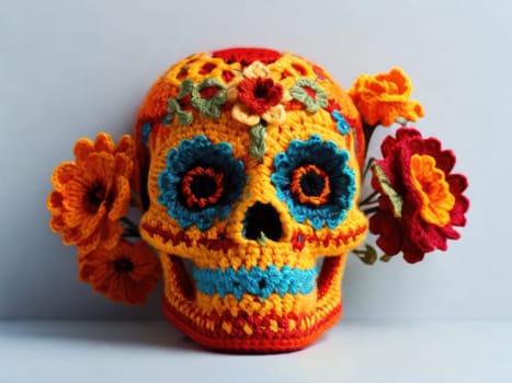 Sugar Skull with calendula flowers on a colored background. Day of the Dead holiday in Mexico. Respect for the memory of the ancestors of the dead. knitted threads handmade hobby