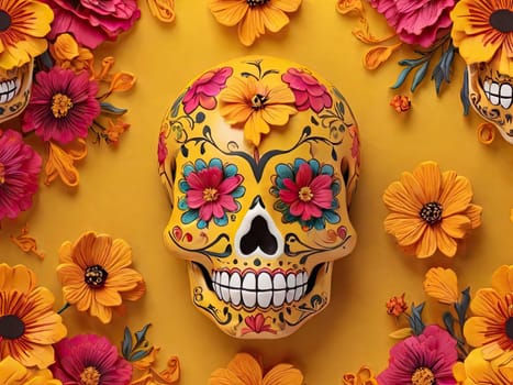 Sugar skull with calendula on a colored background. Floral pattern. Day of the Dead holiday in Mexico. Skeletal bones of a human head. Respect for the memory of deceased ancestors.