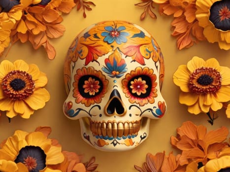 Sugar skull with calendula on a colored background. Floral pattern. Day of the Dead holiday in Mexico. Skeletal bones of a human head. Respect for the memory of deceased ancestors.