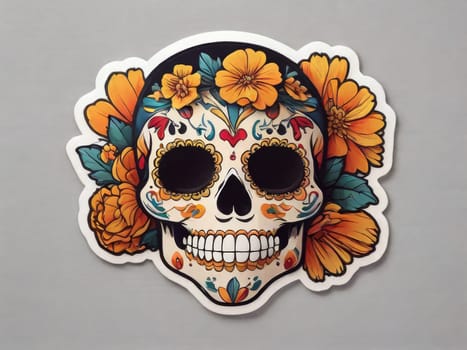 Sugar Skull with calendula flowers on a colored background. Day of the Dead holiday in Mexico. Respect for the memory of the ancestors of the dead. sticker white outline