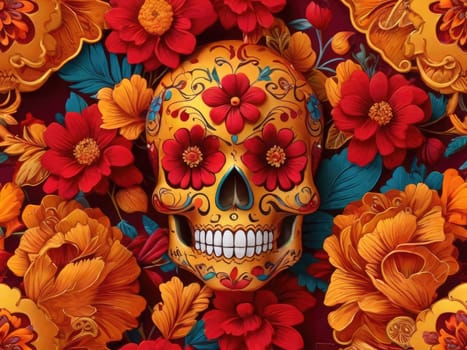 Sugar skull with calendula on a colored background. Floral pattern. Day of the Dead holiday in Mexico. Skeletal bones of a human head. Respect for the memory of deceased ancestors.