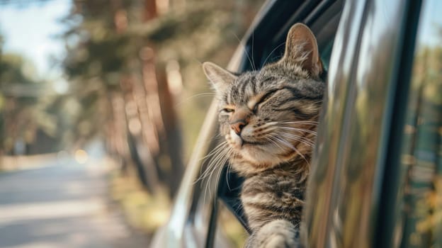 A cat enjoying summer road trip adventure in car, Creative social media and advertising of pets concept.