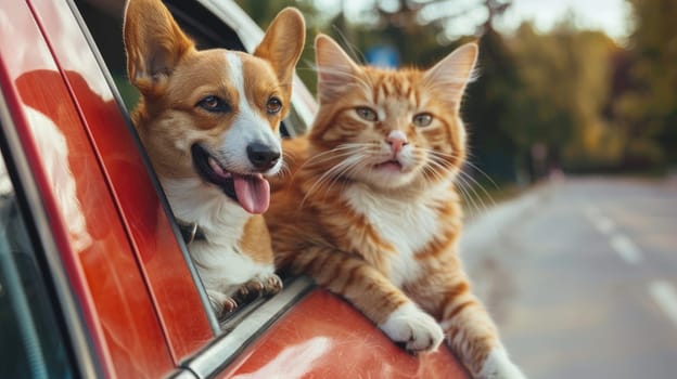Dog and Cat enjoying car ride with heads out of window, Joyful pets travel adventure concept, Furry friends on a road trip.