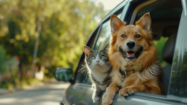 Dog and Cat enjoying car ride with heads out of window, Joyful pets travel adventure concept, Furry friends on a road trip.