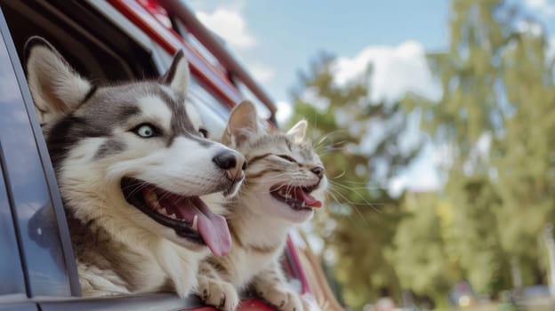 Dog and Cat enjoying car ride with heads out of window, Joyful pets travel adventure concept, Furry friends on a road trip.