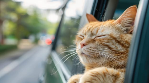 A cat enjoying summer road trip adventure in car, Creative social media and advertising of pets concept.