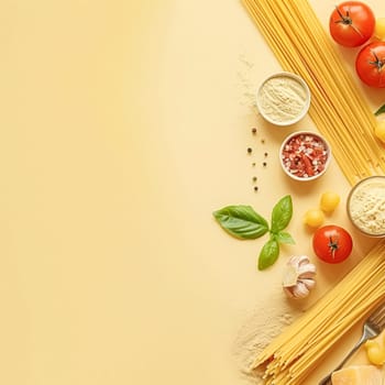 Pasta recipe preparation flatlay background with ingredients, spaghetti, olive oil, garlic, tomatoes and spices in the kitchen, homemade food recipe idea