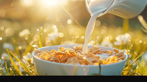 Pouring fresh milk into bowl of cereal in the English countryside field on a sunny morning for breakfast