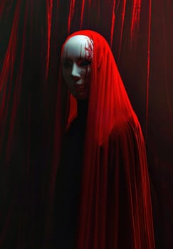 Mysterious man in red cloak and mask standing in front of red curtain, symbolizing art and beauty