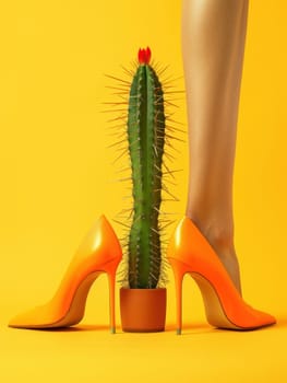 Fashionable woman's legs in high heeled shoes with cactus plant on yellow background trendy style and natural beauty concept