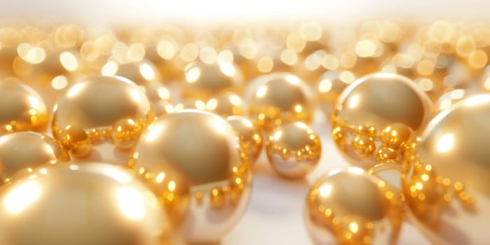 Shiny gold balls on bright white background elegant decorative ornaments for luxurious event display