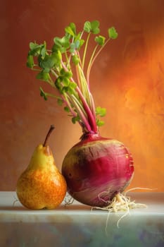 Healthy harvest organic beet and pear on a vibrant orange background