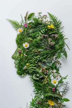 Floral beauty woman's head made of plants and flowers on white background for art and beauty themes